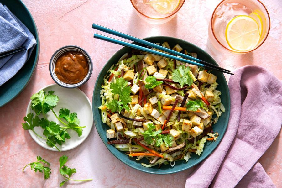 Mu shu bowls with shiitake mushrooms, cabbage, and hoisin sauce