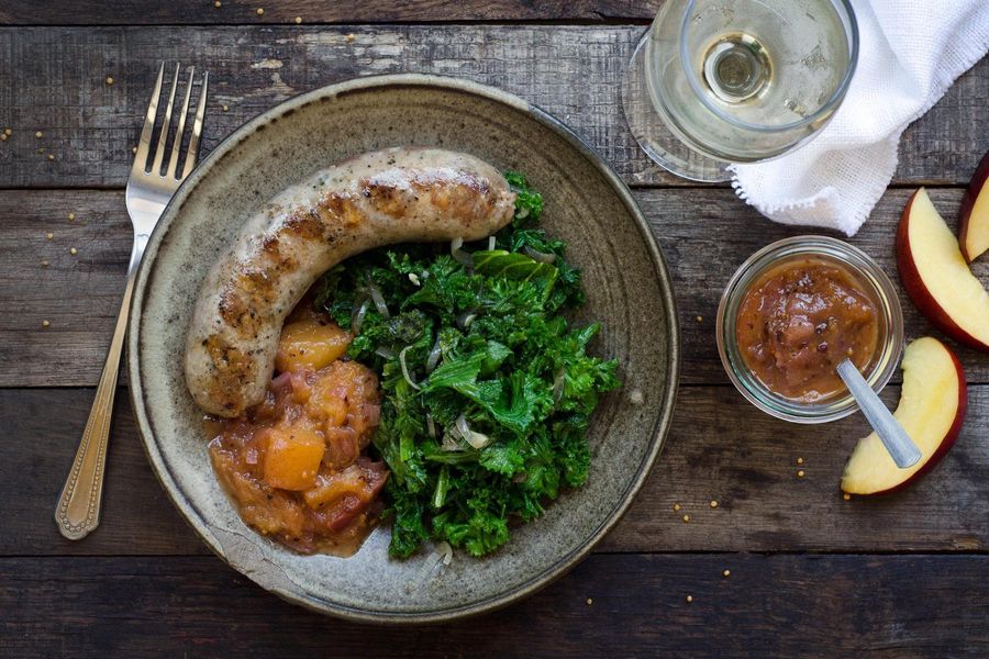 Grilled sausages with nectarine mostarda 