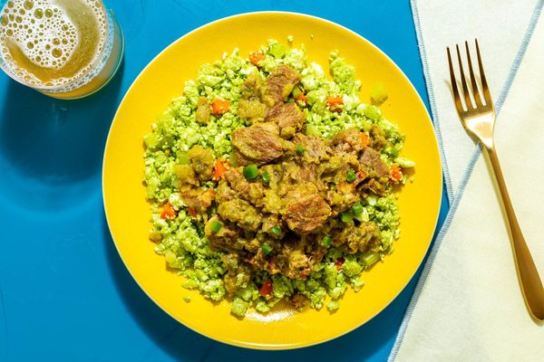 Pork chile verde over cilantro–cauliflower “rice”