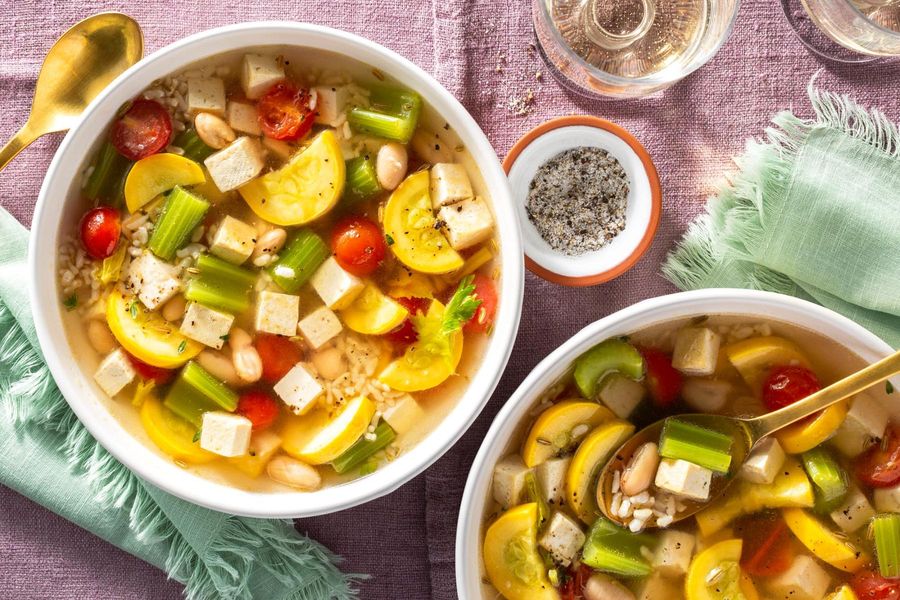Minestrone with vegetables, white beans, and your choice of protein
