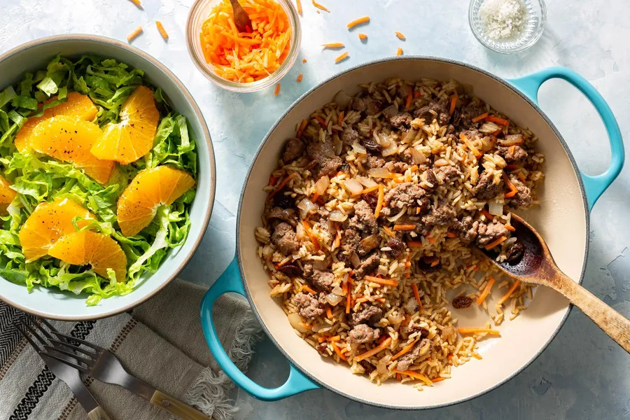 Middle Eastern turkey and rice skillet with orange-romaine salad