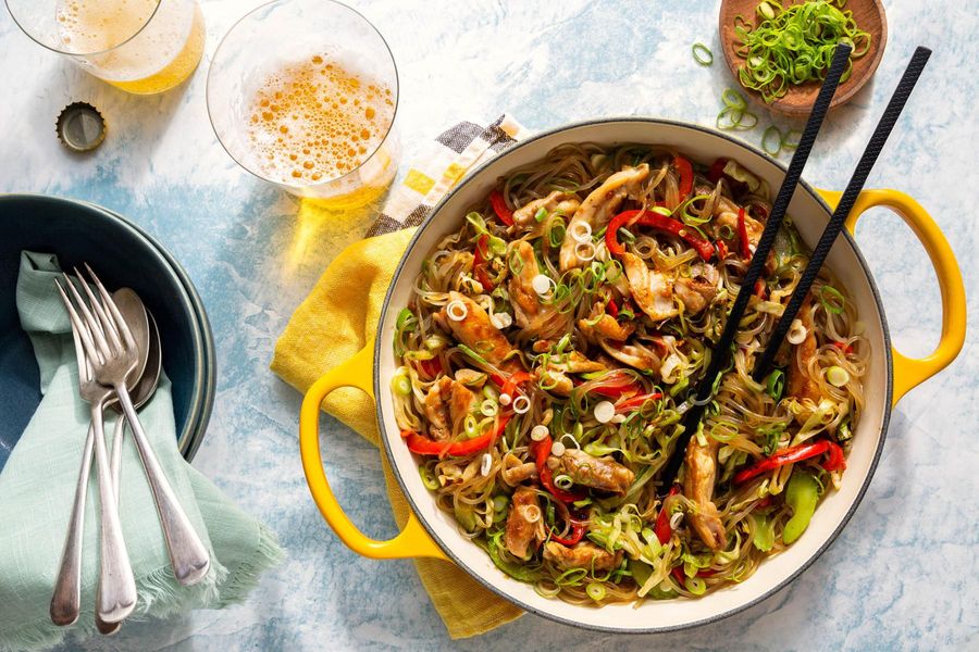 Korean japchae with glass noodles and vegetables