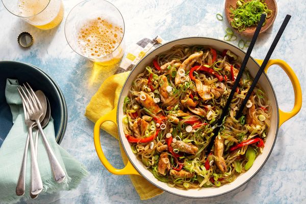 Korean chicken japchae with glass noodles and vegetables