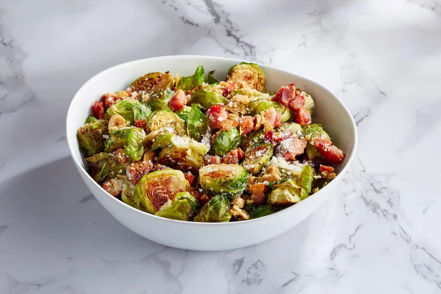 Roasted Brussels Sprouts with Pancetta, Balsamic, & Pecorino Romano