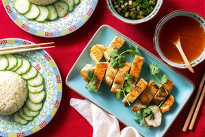 Southeast Asian chicken and garlic rice with ginger dipping sauce