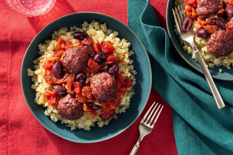 Middle Eastern meatballs over cauliflower “couscous”