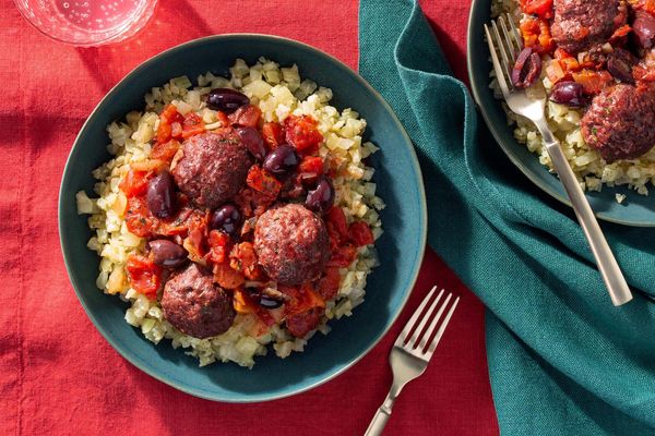 Middle Eastern turkey meatballs over cauliflower “couscous”