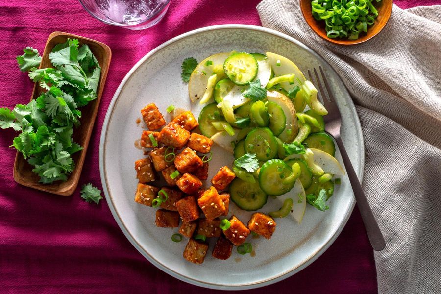 Sesame tempeh and Chinese tiger salad with pear and cucumber