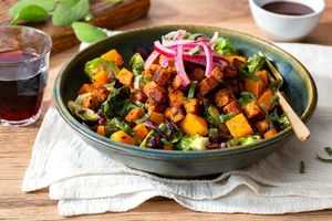 Tempeh “bacon” bowls with sage-roasted vegetables