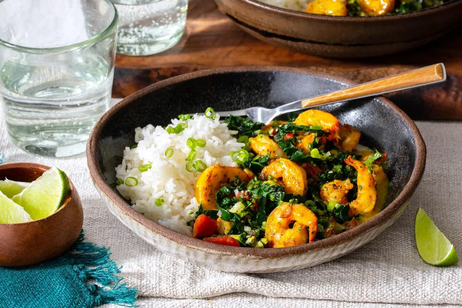 Sazon-spiced shrimp in coconut sauce with jasmine rice