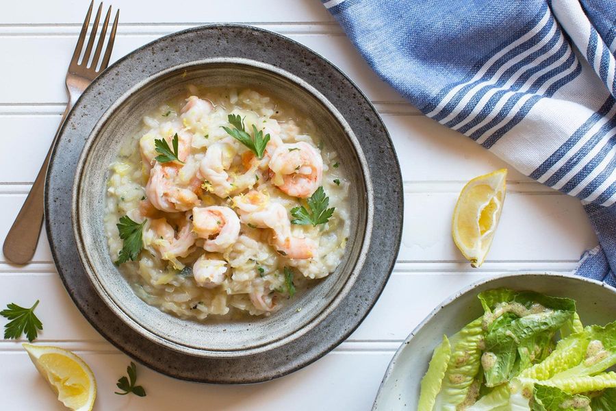 Shrimp and lemon risotto with romaine salad