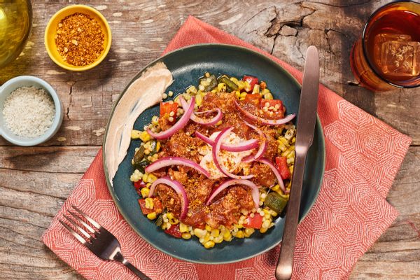 BBQ pulled pork with Italian elote salad