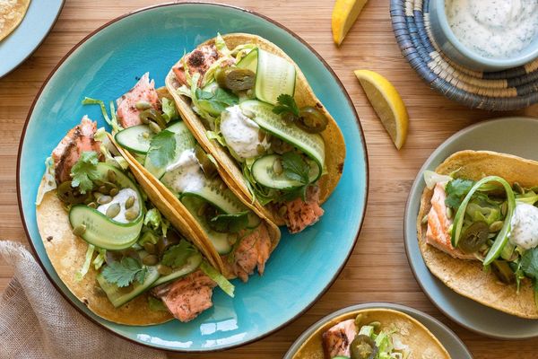 Five-spice salmon tacos with lemon-mint yogurt
