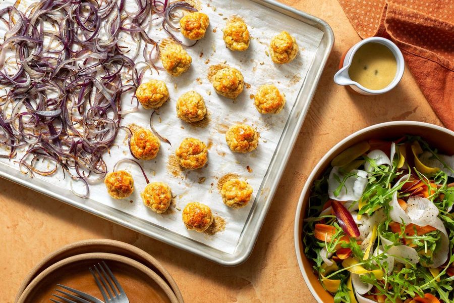 Sheet pan chicken meatballs with root vegetable salad