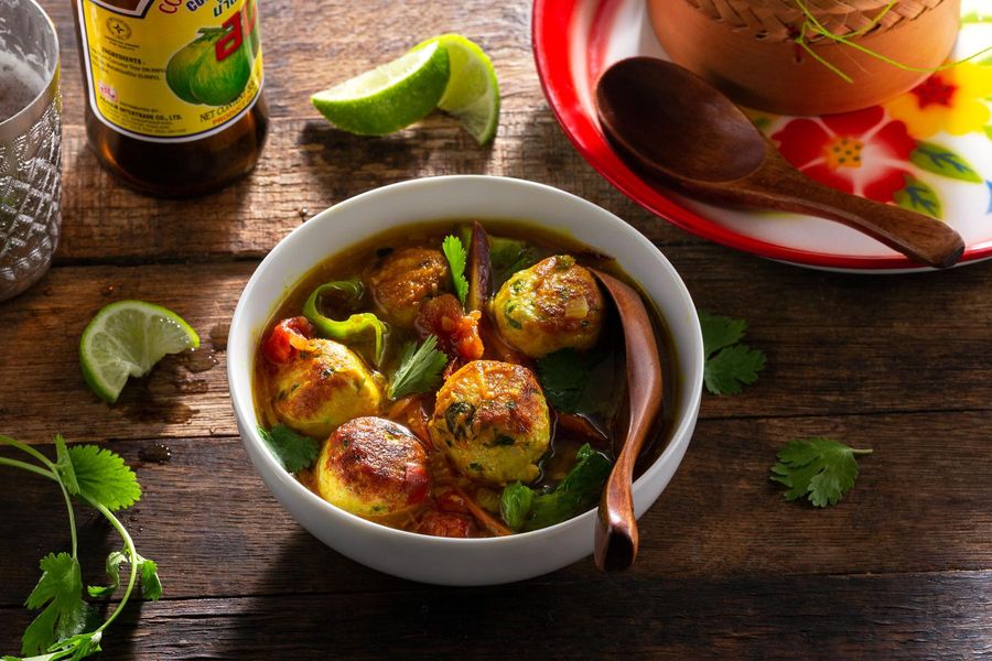 Turkey meatballs and wilted greens in lemongrass broth