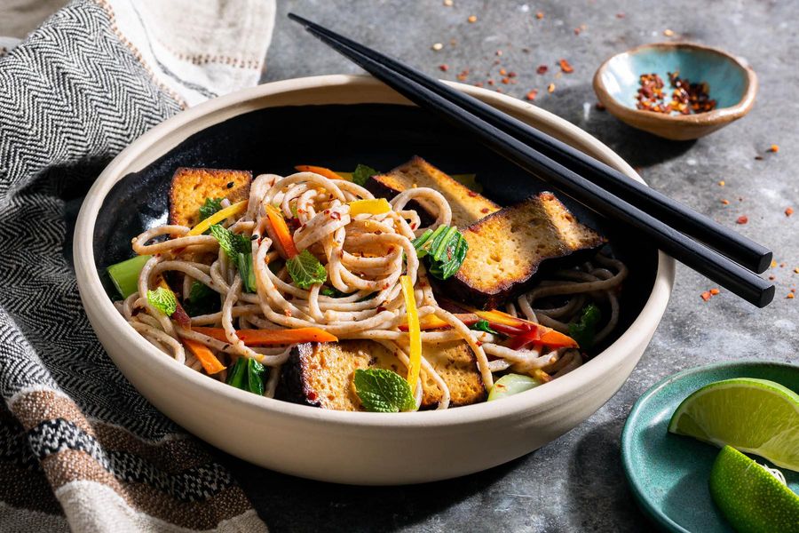 Miso-tamari soba noodles with five-spice tofu and bok choy