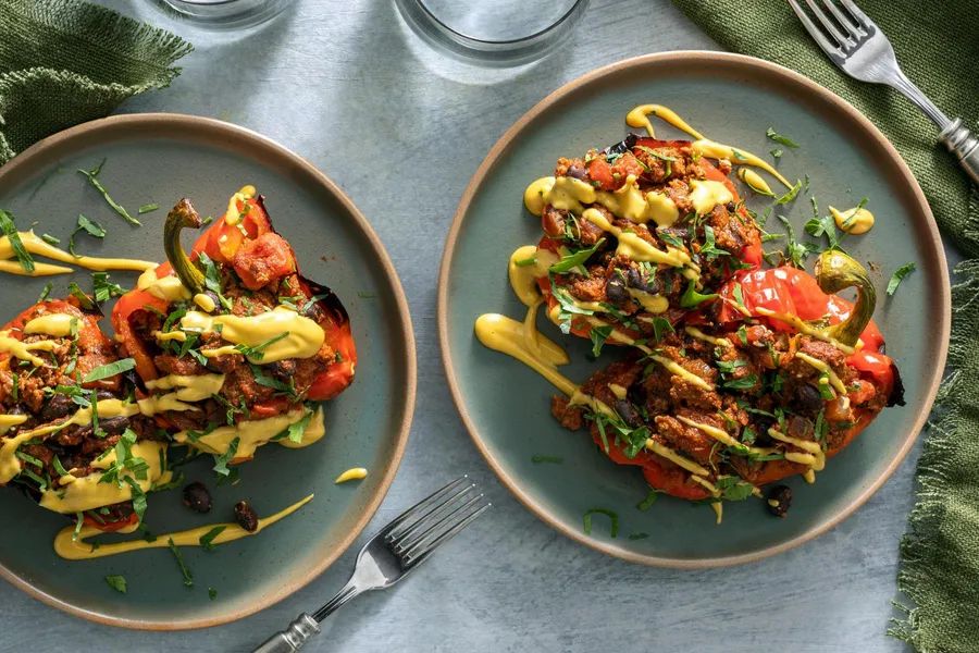 Stuffed bell peppers with black beans and your choice of protein