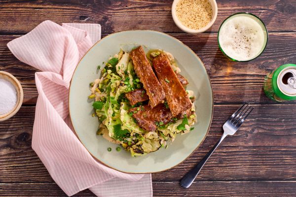 Honey glazed ribs and grilled cabbage salad with lemon-tahini dressing