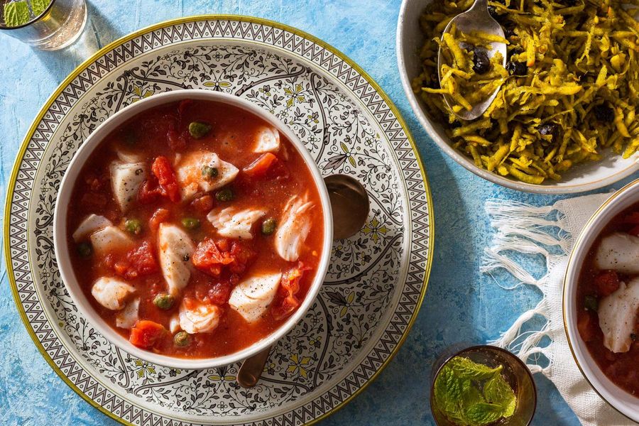 Tomato-braised cod with tangy beet and dried plum salad