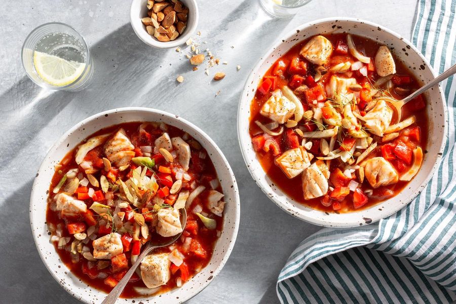 Catalan-style pollock with tomato, fennel, and almonds