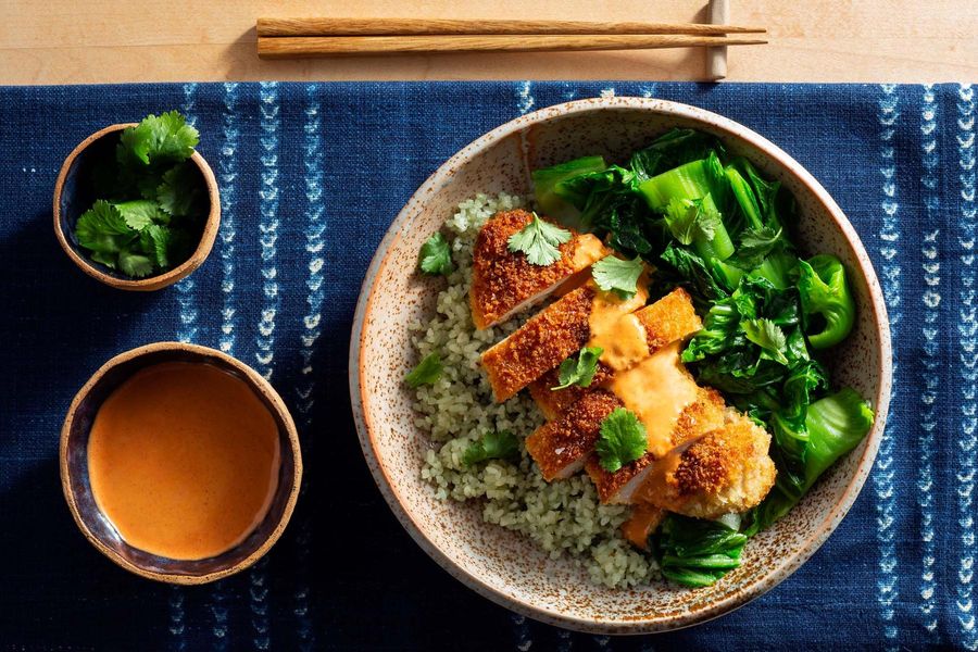 Chicken katsu with gingered greens and spicy chile mayo