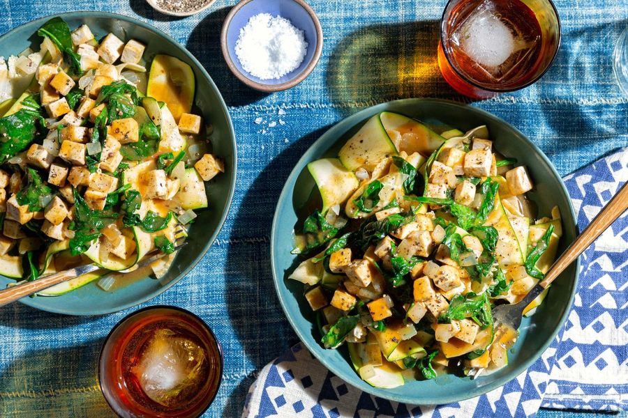 Stroganoff and spinach over zucchini “noodles”
