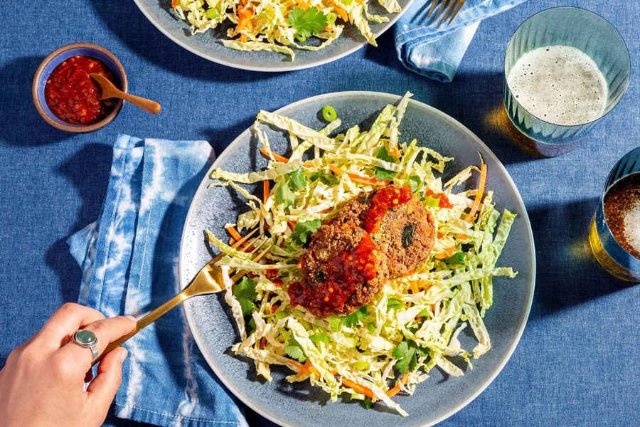 Black-eyed pea fritters with cabbage-carrot slaw