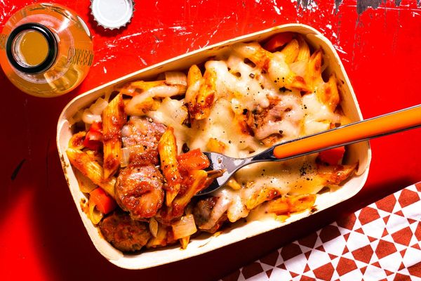 Spicy penne arrabbiata with Italian sausage and roasted bell peppers