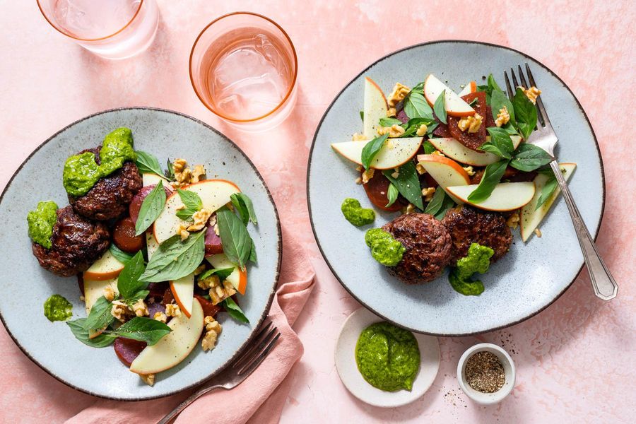 Seven-spice burger patties with beet salad and spicy green harissa