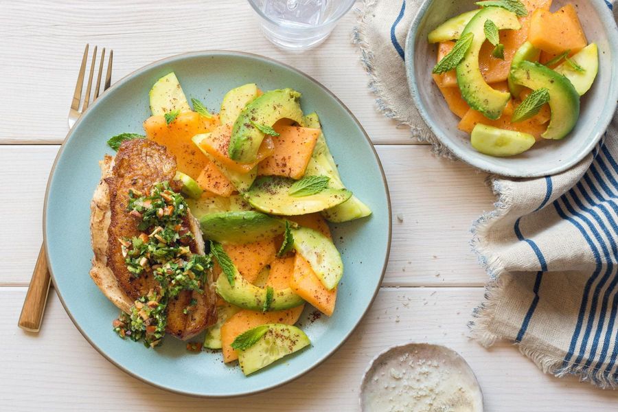 Moroccan-spiced chicken breasts with melon-cucumber salad
