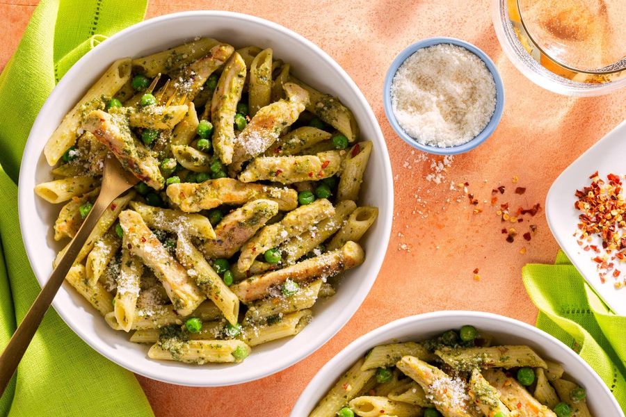 Chicken and pesto penne with avocado, peas, and Parmesan