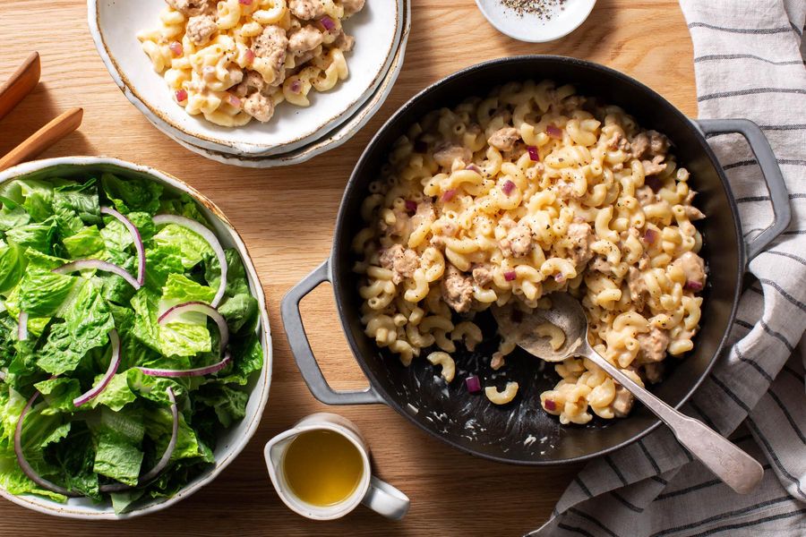 Cheesy turkey–burger–macaroni skillet with salad