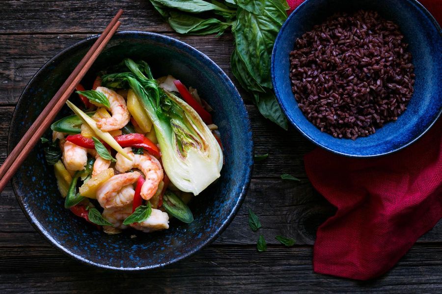 Shrimp and pineapple stir-fry with Bhutan red rice