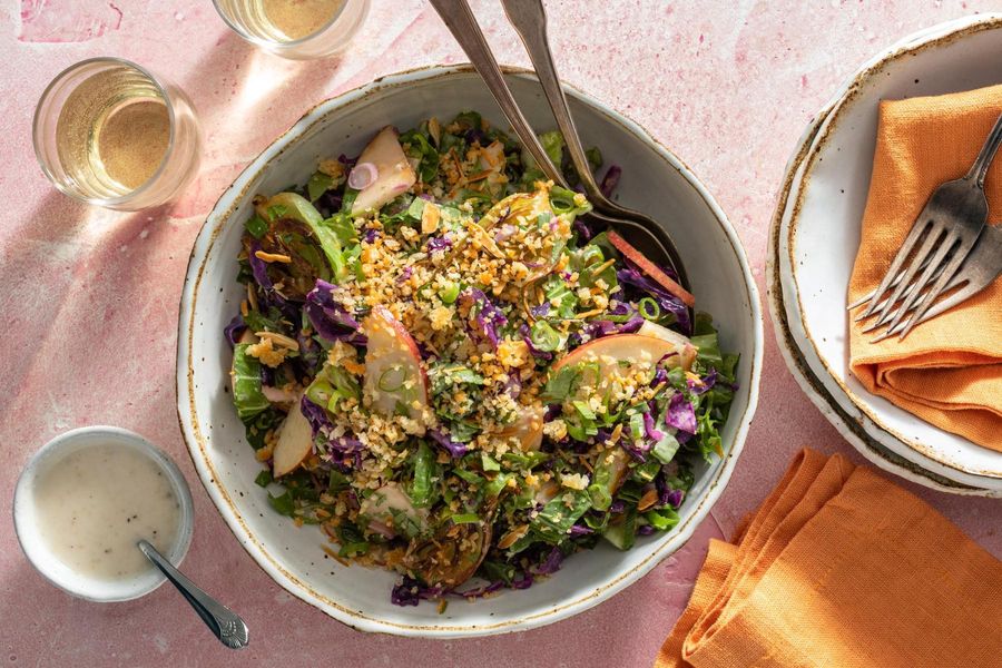 Warm bok choy and cabbage Caesar with panko-Parmesan crumble