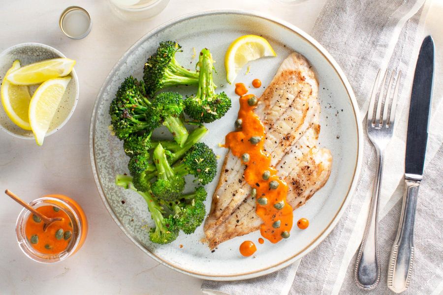 Sole with red pepper–caper sauce and lemony broccoli