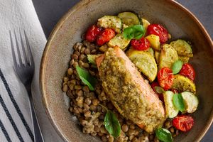 Salmon with garlic pesto, lentils, and Provençal-style vegetables