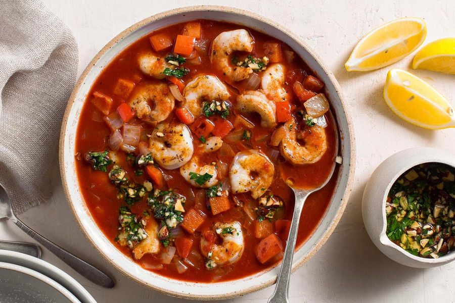 Onepot Catalan shrimp zarzuela with almondparsley picada