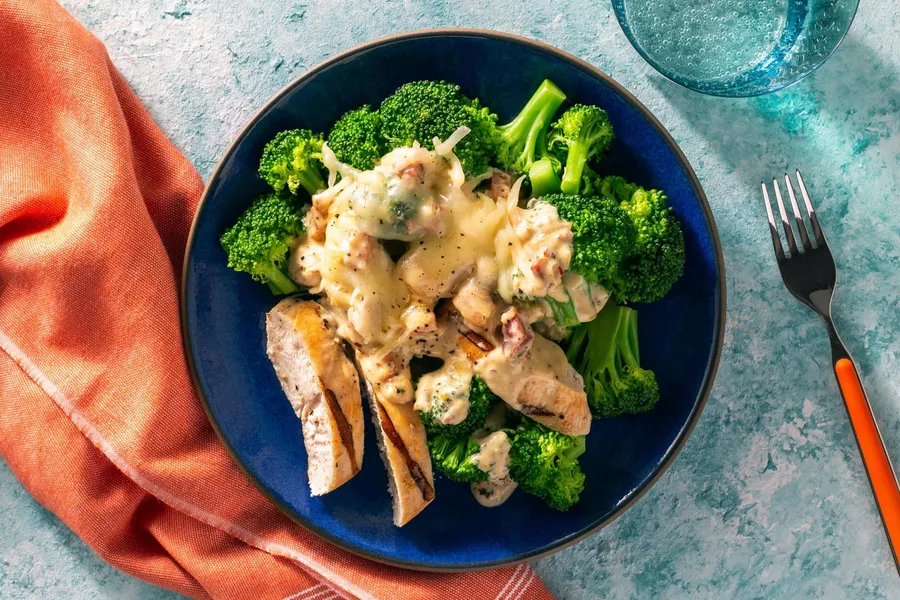 Grilled chicken, broccoli, and cream sauce with diced pancetta