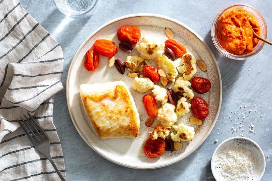 Your choice of protein with roasted red pepper ajvar and cauliflower