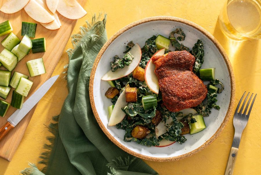 Ethiopian berbere chicken with turmeric potatoes and kale-apple salad