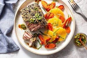 Sesame-crusted salmon with orange and roasted carrot salad