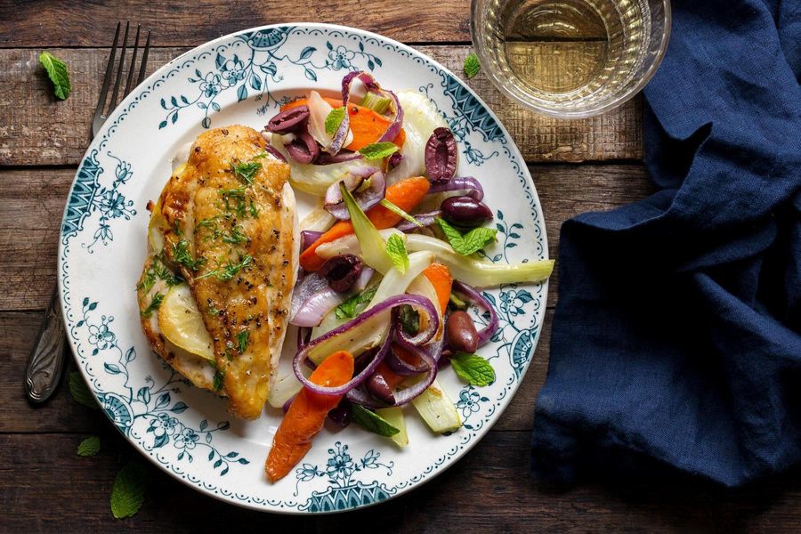 Lemon chicken with roasted carrots, fennel, and mint