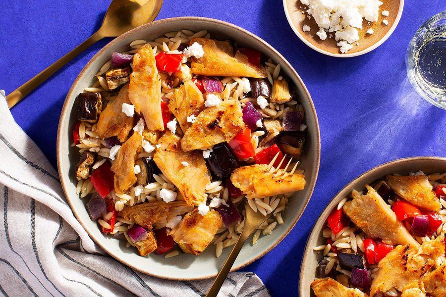 Lemony orzo with your choice of protein and roasted vegetables