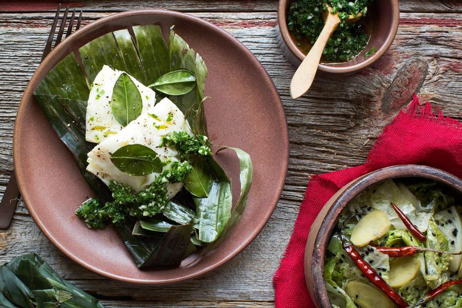 Cod steamed in banana leaves with kaffir lime