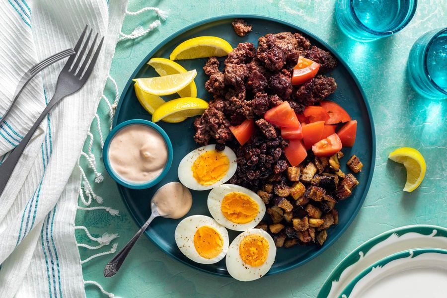 Mediterranean meze platter with eggplant and your choice of protein