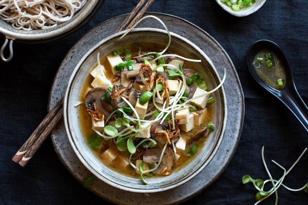 Tofu and soba noodles in a miso-ginger broth