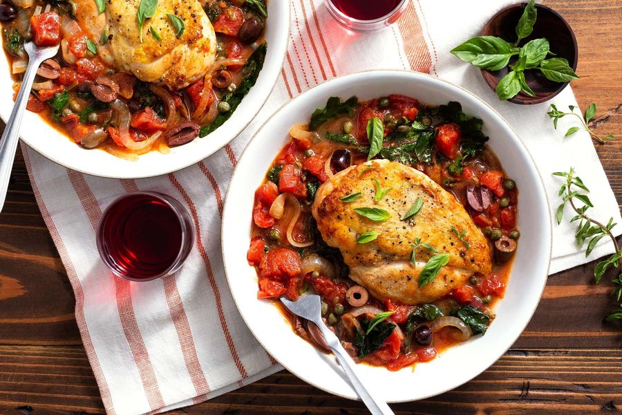 One-pan chicken puttanesca with kale and olives