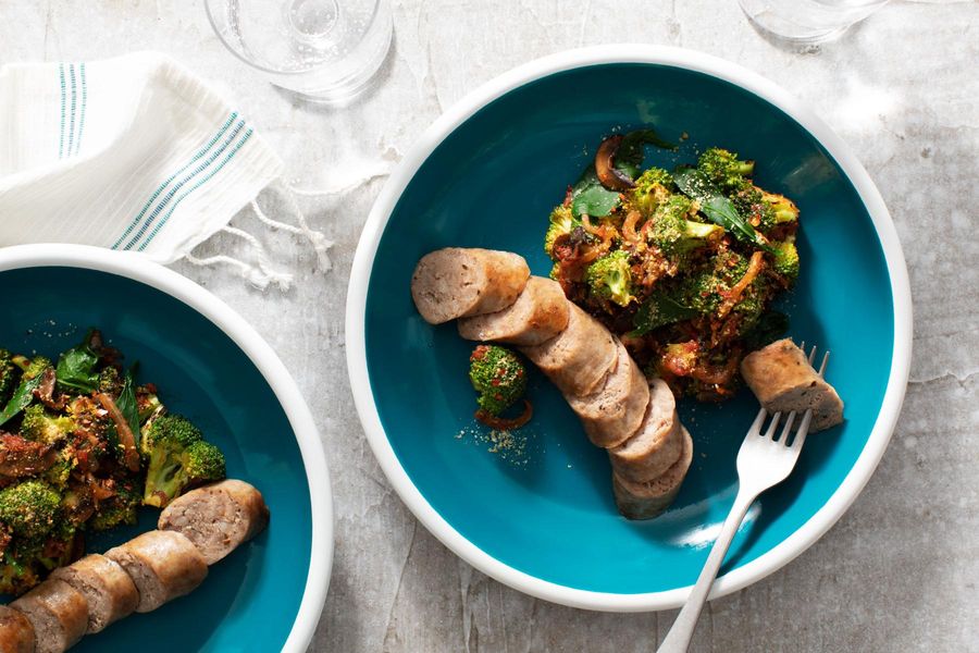 Italian sausages and broccoli with mushroom ragù