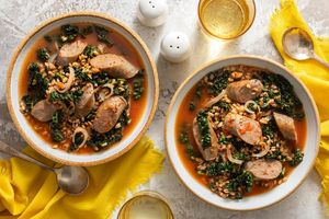 Farro soup with Italian sausages and kale