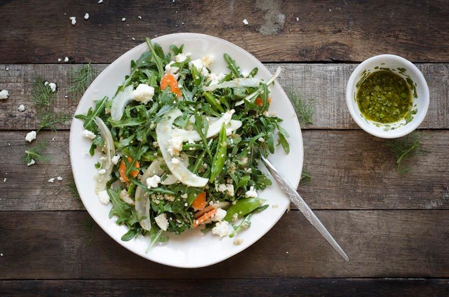 Spring vegetable quinoa salad with basil lemon vinaigrette 